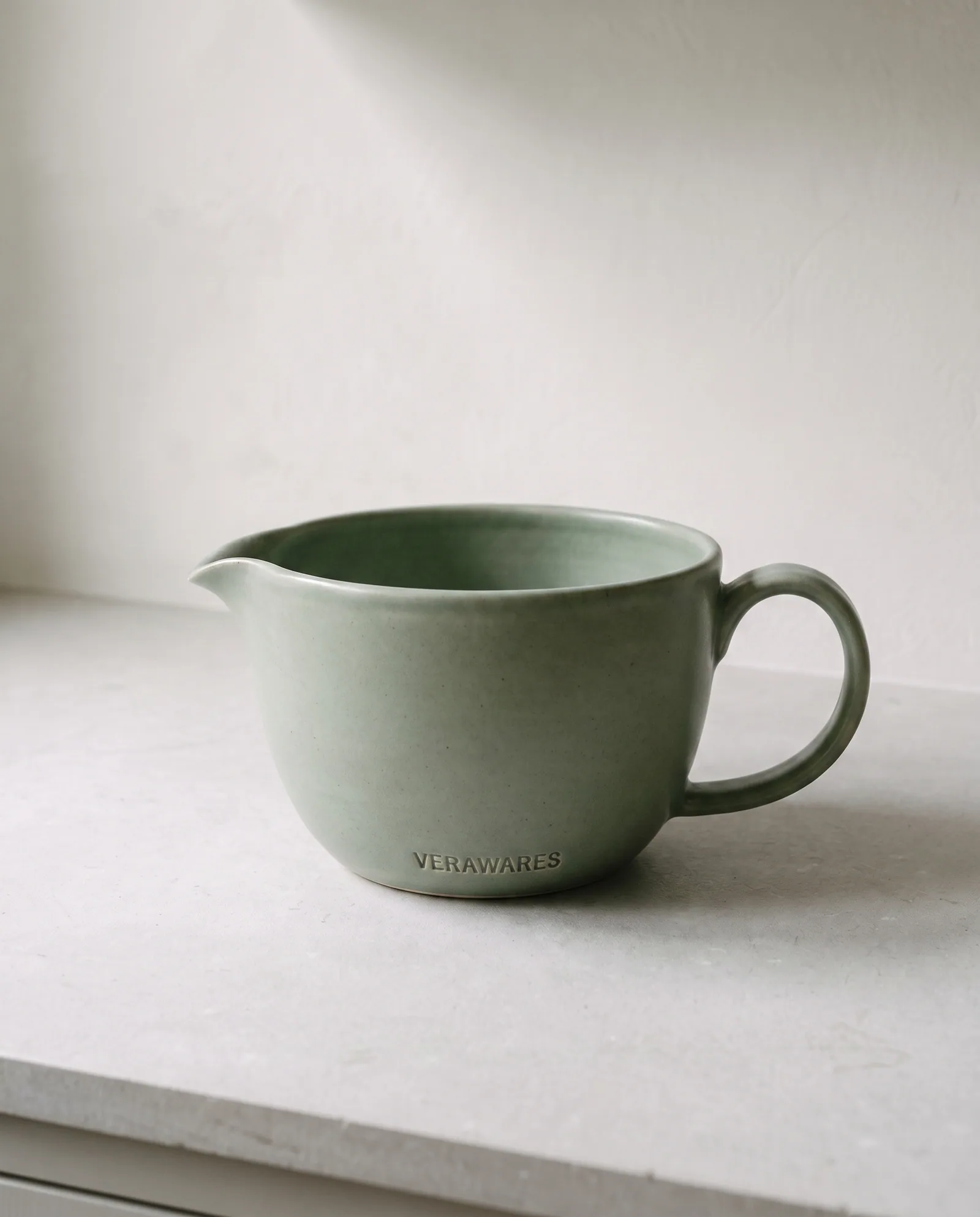 Batter Bowl — 1.5 litre sage stoneware bowl with spout and handle