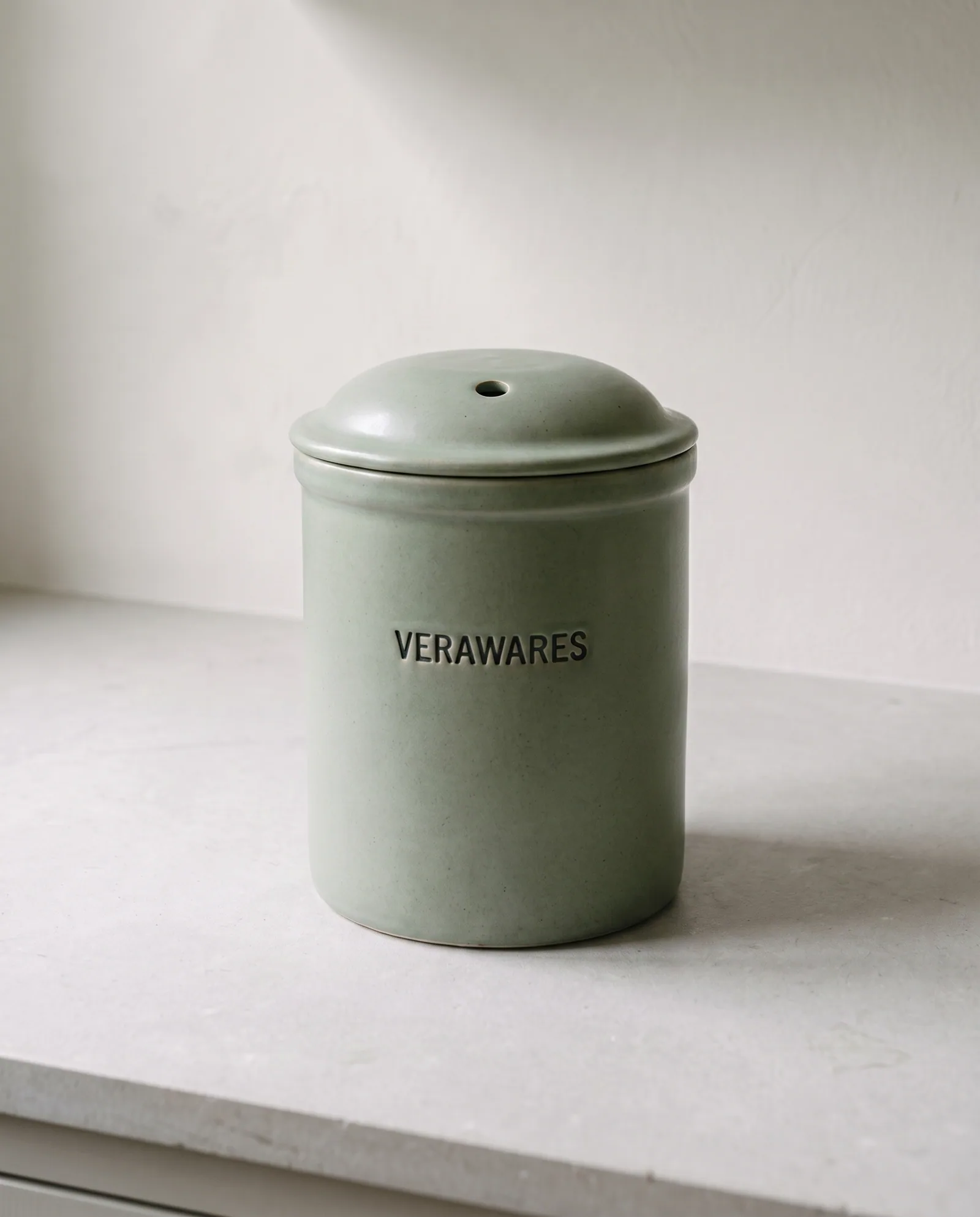 Bread Crock — Sage stoneware bread crock with a vented lid