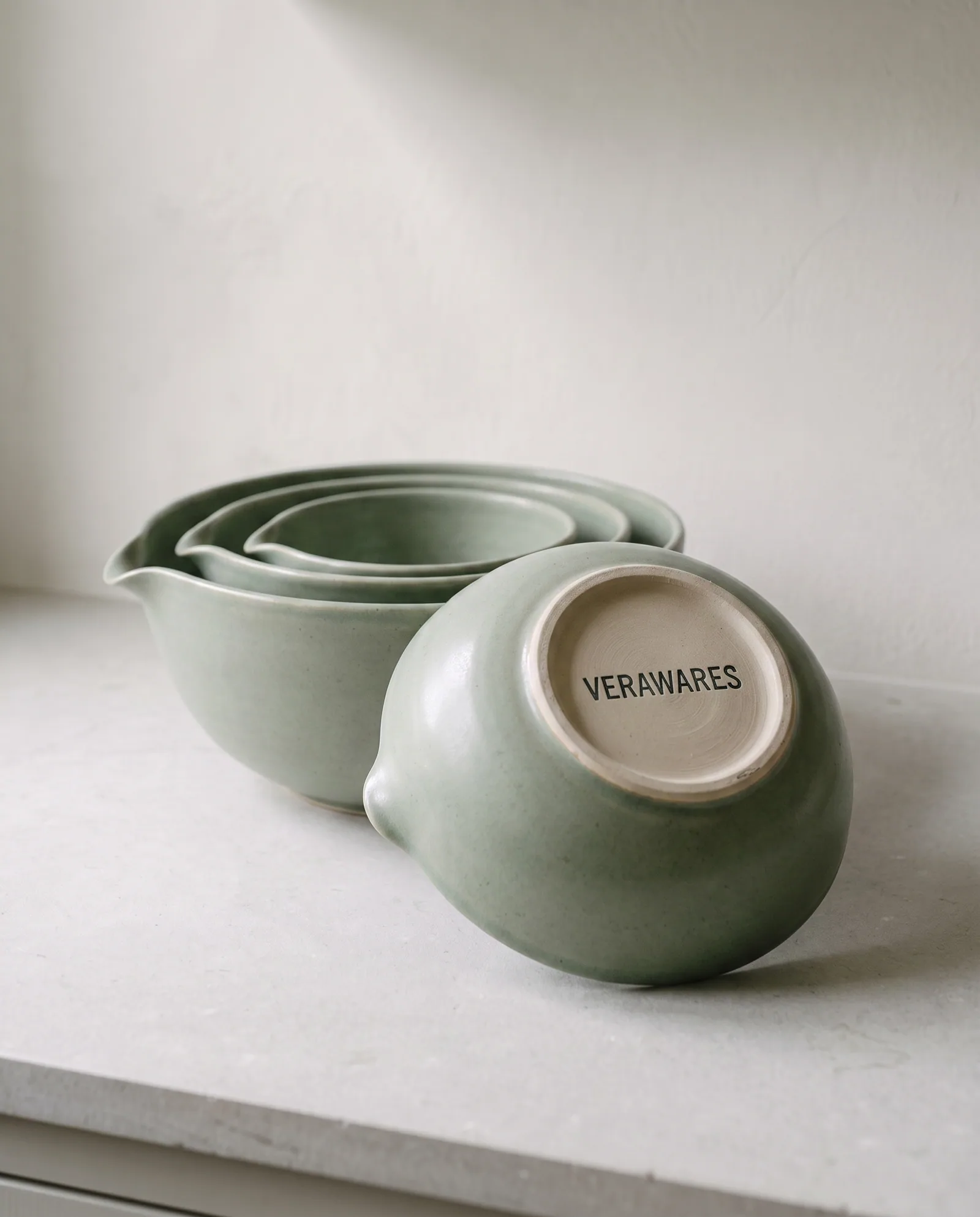 Mixing Bowls, Set of Three — Nesting sage stoneware bowls, 1 / 2 / 3 litre